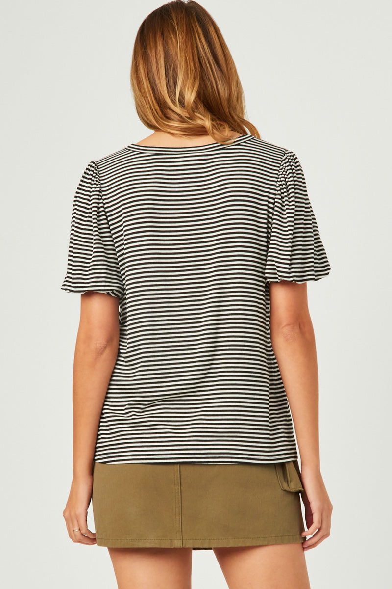 Women's Striped Puff Sleeve Knit T-Shirt - Casual Comfort Top for Everyday Wear, Work & Weekend Outfits