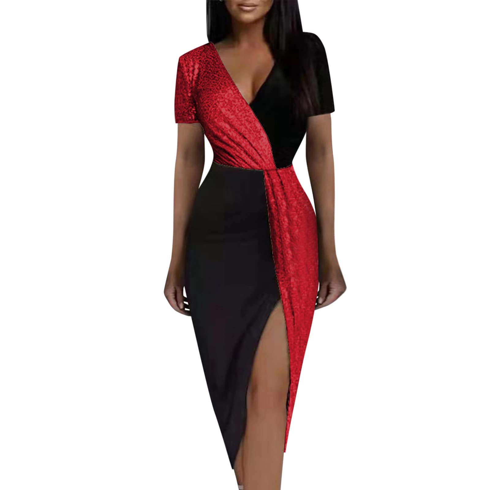 Sexy Women's Short Sleeve Color Block Sequin Party Dress - Plunge Neck, Thigh Split, Slim Fit Midi Dress for Club Nights, Date Nights & Special Occasions