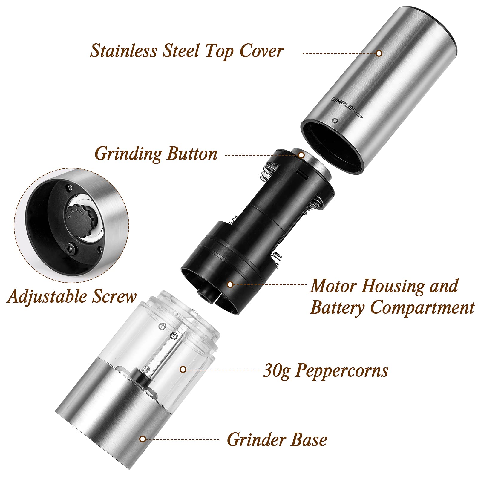 SIMPLETASTE Electric Salt and Pepper Grinder Set - Automatic One-Handed Operation, LED Light & Adjustable Coarseness, Battery-Powered Stainless Steel Mill - Perfect for Kitchen, Dining Table & Outdoor Cooking
