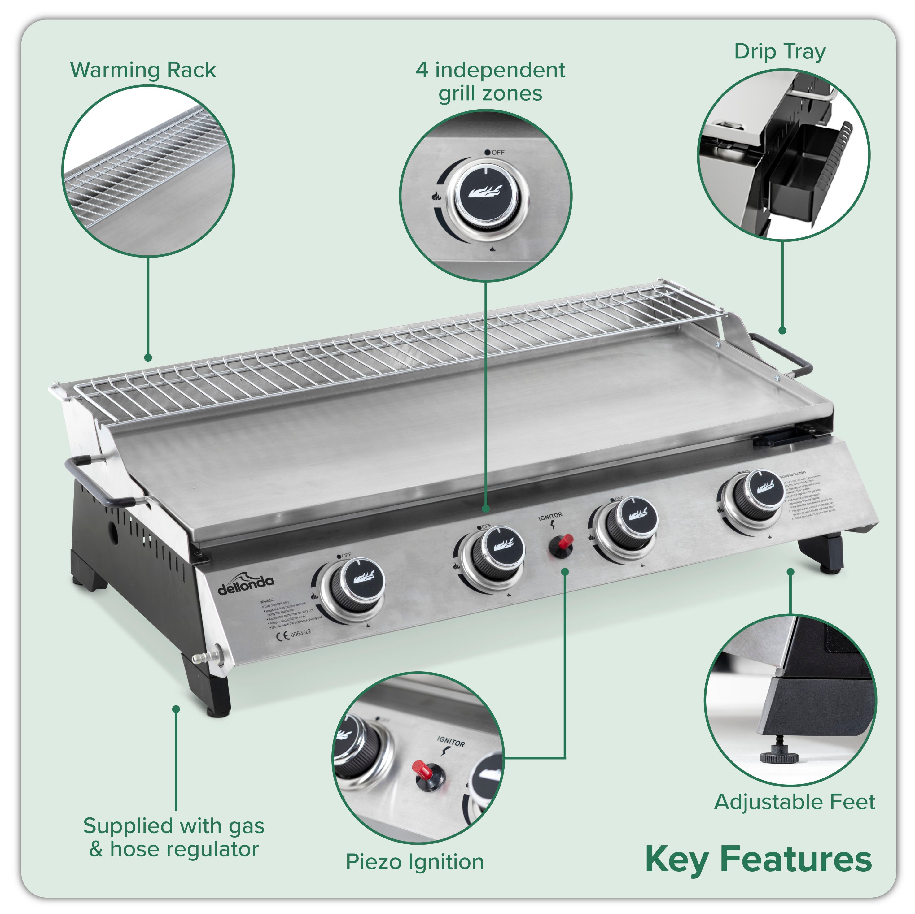 4 Burner Portable Gas Griddle with Warming Rack - 10kW Stainless Steel Outdoor Cooking Grill - Perfect for Backyard BBQs, Camping & Tailgating Parties