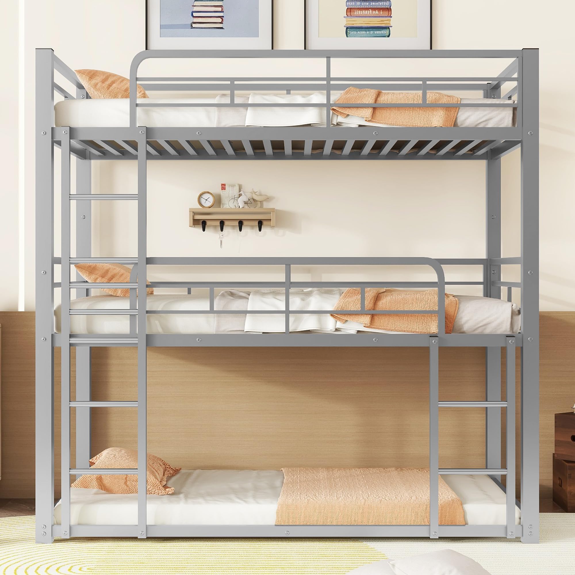 Sturdy Triple Bunk Bed Twin Over Twin Over Twin – 3 Tier Bunk Bed with 2 Ladders & Safety Guardrails – Space-Saving Twin Size Bunk Bed for Kids & Teens – Silver Finish – Ideal for Dorms, Hostels & Small Bedrooms