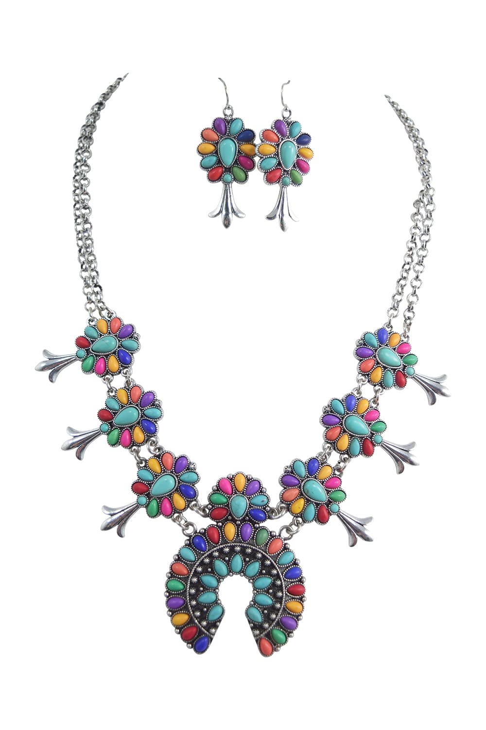 Stunning Western Turquoise Squash Blossom Statement Necklace & Earrings Set - Handmade Native American Jewelry for Women - Perfect for Boho Fashion, Festivals & Special Occasions