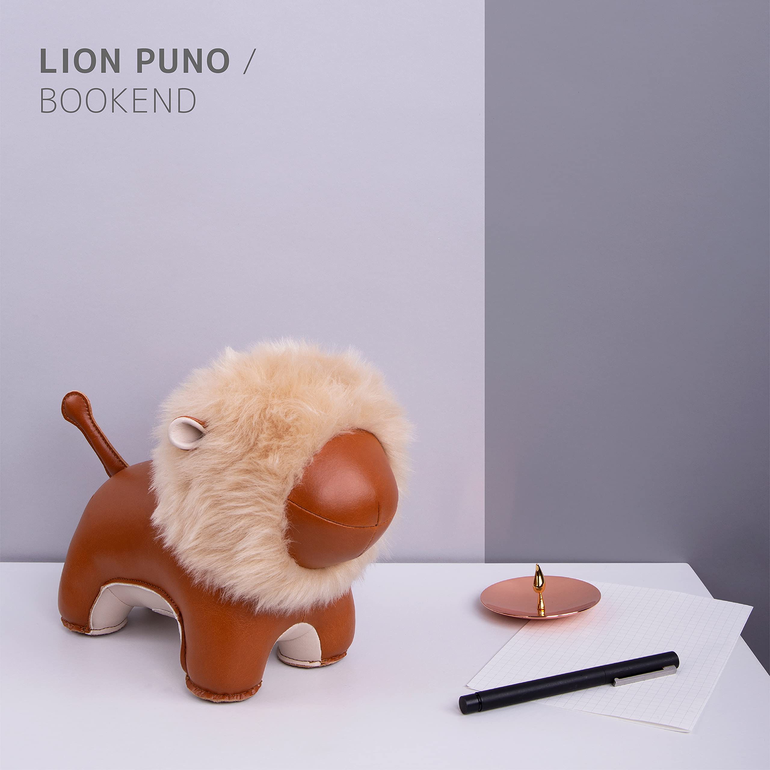 Zuny Lion Puno Bookend - Handmade Leather Animal Bookends for Shelves, Office & Home Decor - Perfect for Organizing Books, Gifts, and Workspace Accessories