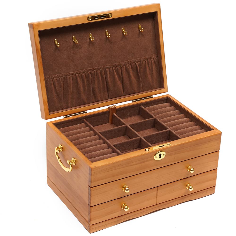 3-Tier Wooden Jewelry Organizer Box with Hooks - Display & Storage Case for Necklaces, Rings, Watches - Perfect Gift for Women, Mom & Girlfriend - Bedroom Vanity, Closet & Travel Jewelry Organization