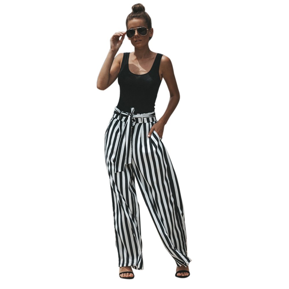 GOOCHEER Women's High Waist Wide Leg Palazzo Pants - Striped Flowy Trousers with Adjustable Belt | Perfect for Office, Casual Wear & Summer Outfits