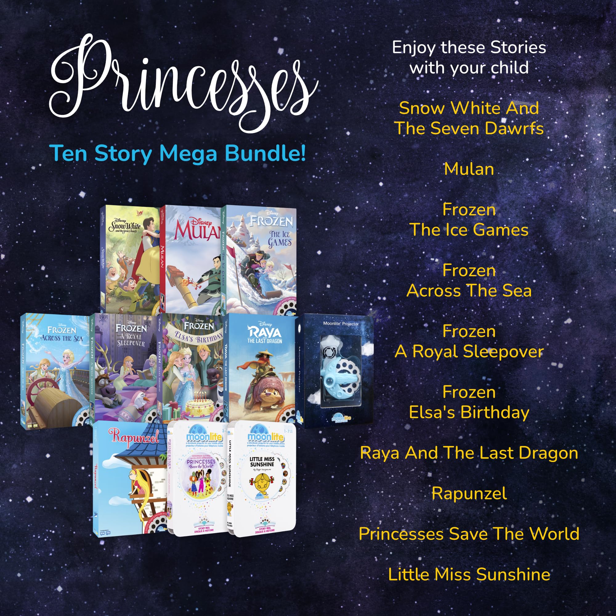 Moonlite Storytime Mini Projector for Kids - 10 Princess Storybooks with Digital Animation & Fun Sound Effects | Interactive Learning Toy for Ages 1+ | Perfect for Bedtime Stories, Classroom Activities & Family Bonding Time