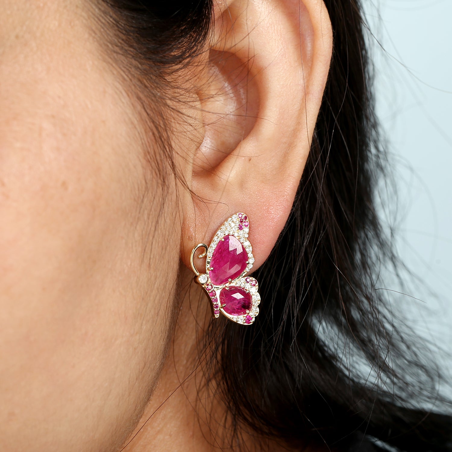18K Yellow Gold Oval Cut Ruby Pave Diamond Butterfly Stud Earrings - Elegant Jewelry Gift for Women, Birthday, Anniversary, Valentine's Day - Perfect for Parties, Weddings, and Special Occasions