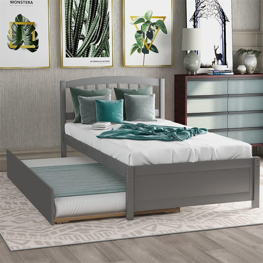 Twin Size Wood Platform Bed Frame with Trundle - Sturdy Wood Slat Support, No Box Spring Needed, Space-Saving Design (Gray) - Perfect for Kids Rooms, Guest Beds & Small Apartments