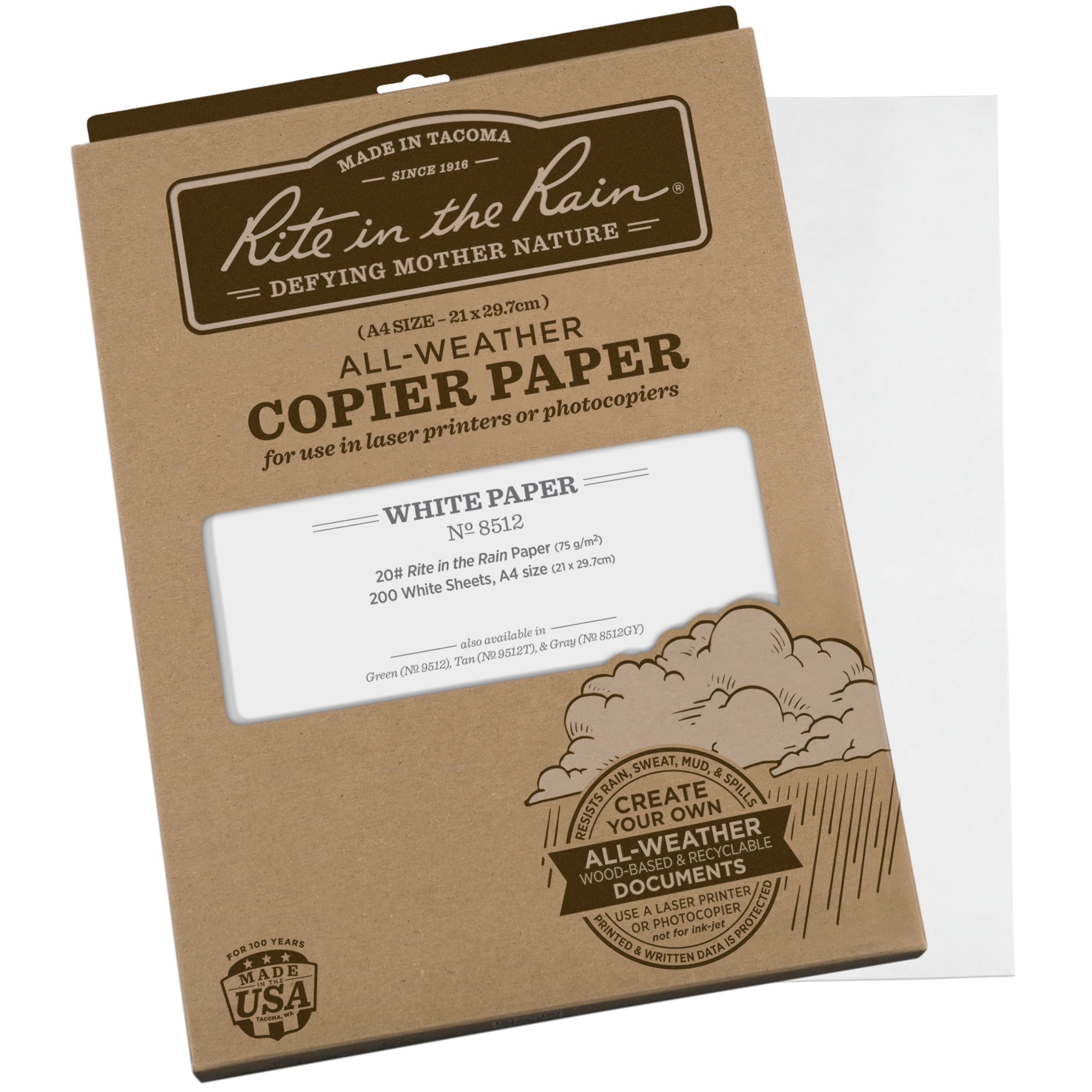 Rite In The Rain Weatherproof Laser Printer Paper - 200 Sheets A4 (21 x 29.7cm) 20# White Waterproof Copy Paper for Outdoor, Hiking & Construction Use - No. 8512
