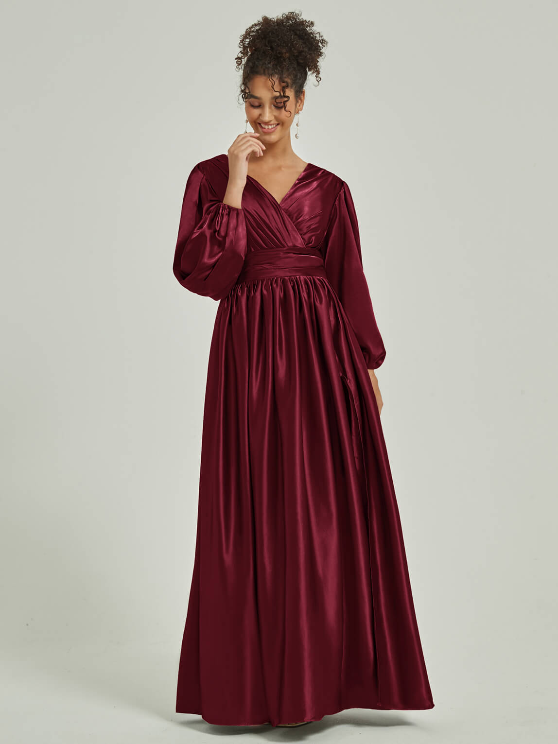 Burgundy 3/4 Sleeve V-Neck Pleated Bridesmaid Dress with Side Slit - Elegant Wedding Party, Formal Occasions & Special Events