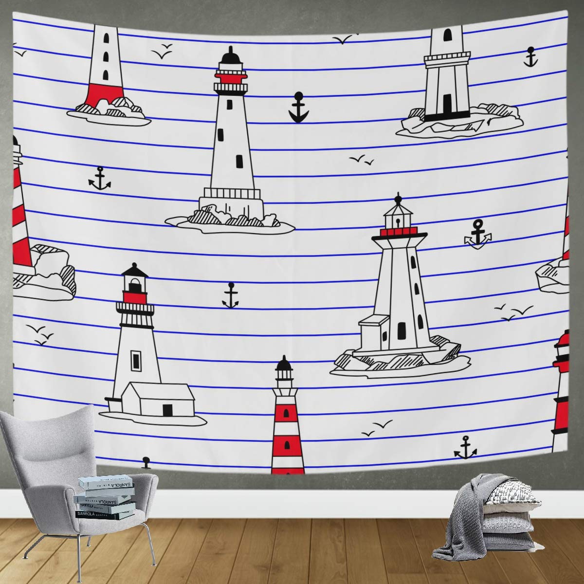 DOMIKING Lighthouse Seamless Pattern Tapestry - 90x60in Wall Hanging for Bedroom, Living Room & Dorm Decor | Boho Home Wall Art | Perfect for Meditation Spaces & Cozy Reading Nooks