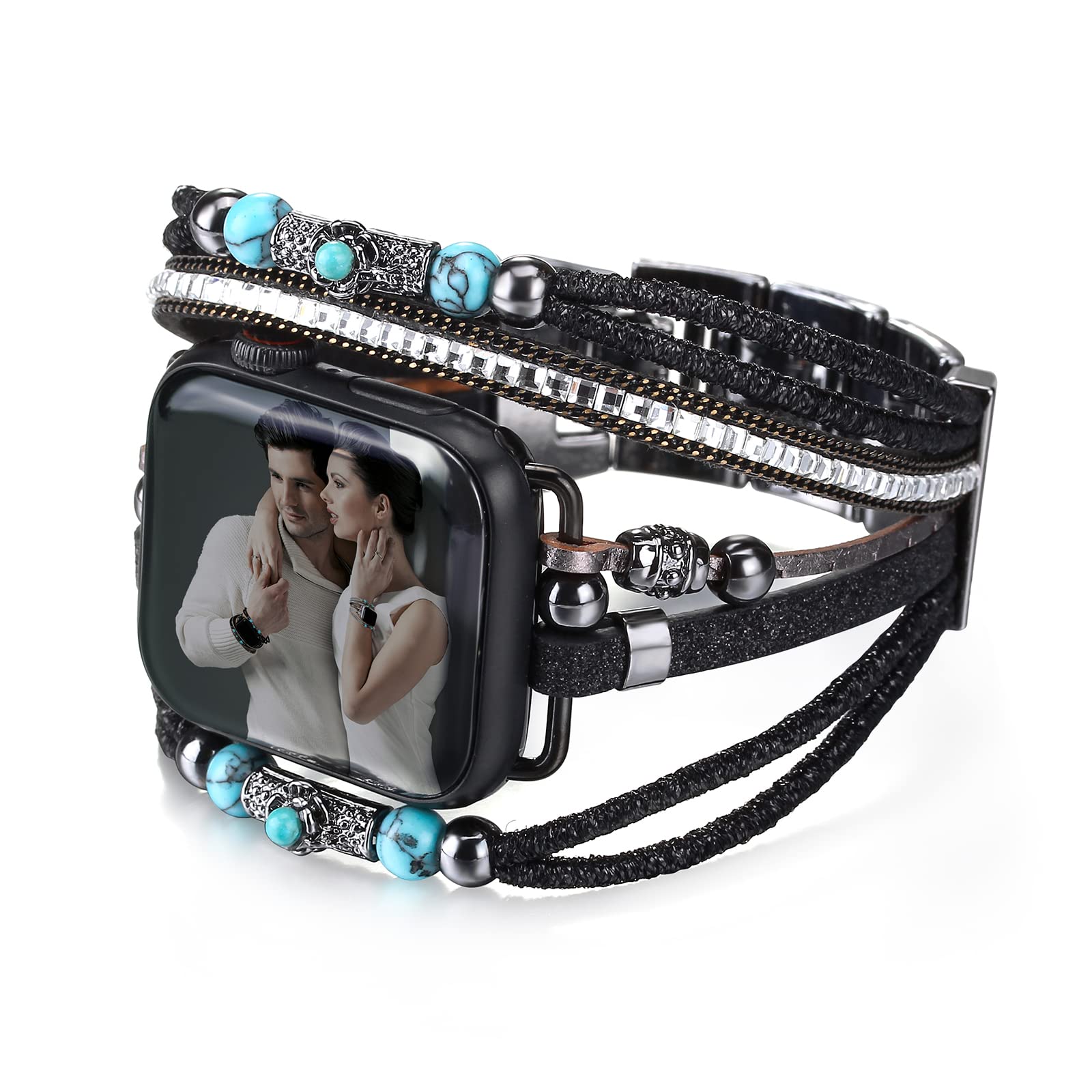 Boho Leather Apple Watch Band Compatible with Series 10/9/8/7/6/SE/Ultra 2/5/4/3/2/1 - Adjustable Wrap Strap for 38mm 40mm 41mm 42mm 44mm 45mm 46mm 49mm - Fashionable Unisex Bracelet for Work, Travel & Everyday Wear