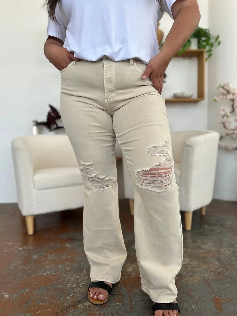 Judy Blue High Waist Distressed Wide Leg Jeans for Women - Vintage Denim Pants with Comfort Stretch, Plus Size & Petite Options | Perfect for Casual Outfits, Date Nights & Boho Style
