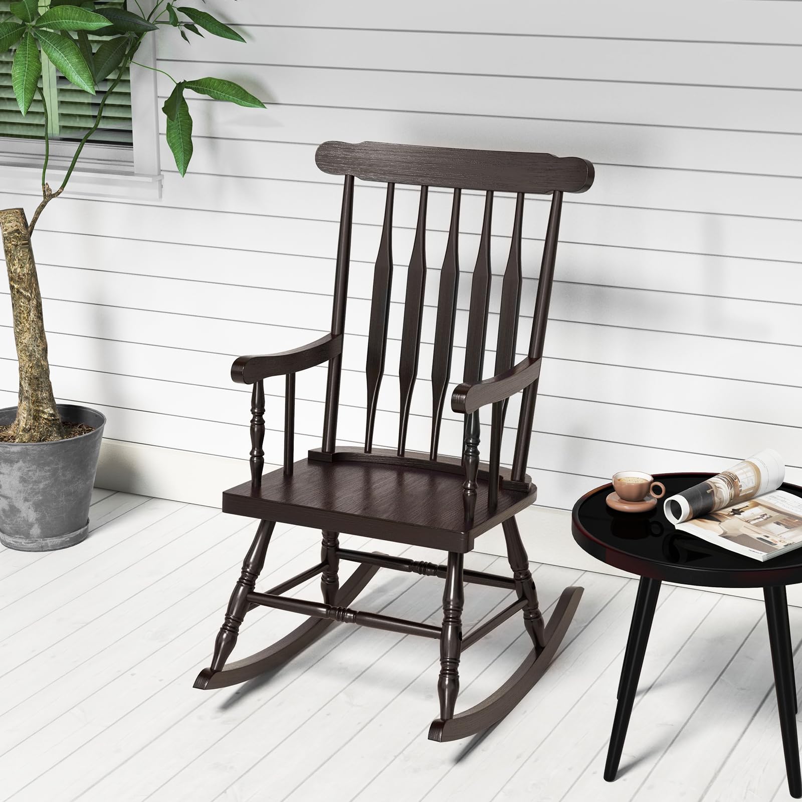 Tangkula Solid Rubber Wood Patio Rocking Chair - Outdoor Porch Rocker with Durable Wood Frame - Indoor/Outdoor Wooden Rocking Chair for Garden, Backyard, Balcony & Living Room - Comfortable Seating for Relaxation (2-Pack, Espresso)