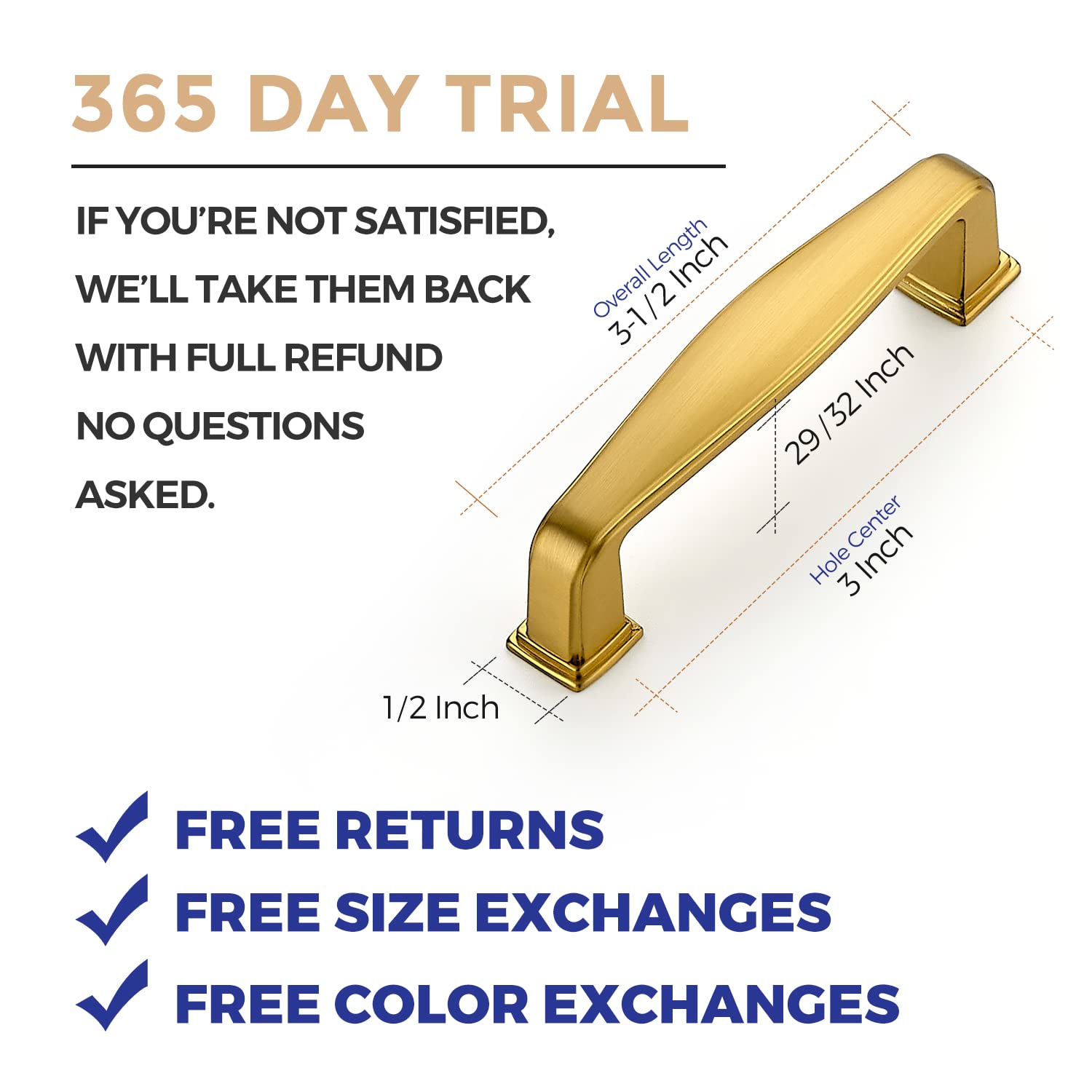 30 Pack Brushed Brass Cabinet Handles - 3 Inch Solid Kitchen Cabinet Pulls & Drawer Handles | Durable Cabinet Hardware for Kitchen, Bathroom, Wardrobe & Furniture (Set of 30)