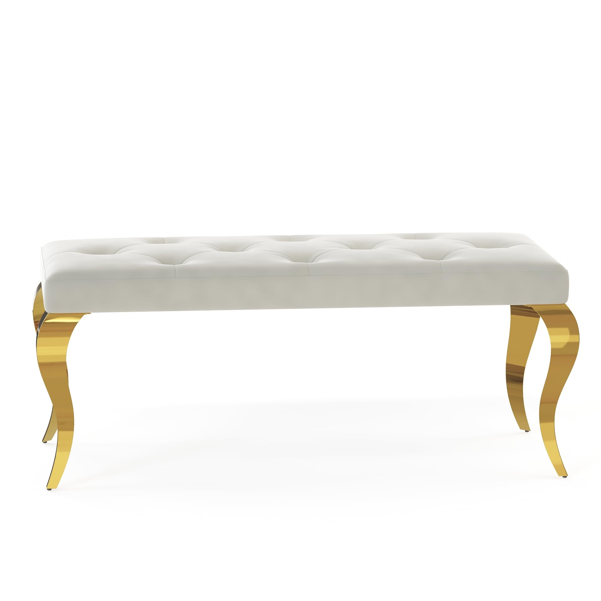 AUZ Beige Velvet Bench with Button Tufted Upholstery and Gold Cabriole Legs, White and Gold Upholstered Dining Table Bench for Kitchen, Bedroom, Entryway, and Living Room Decor