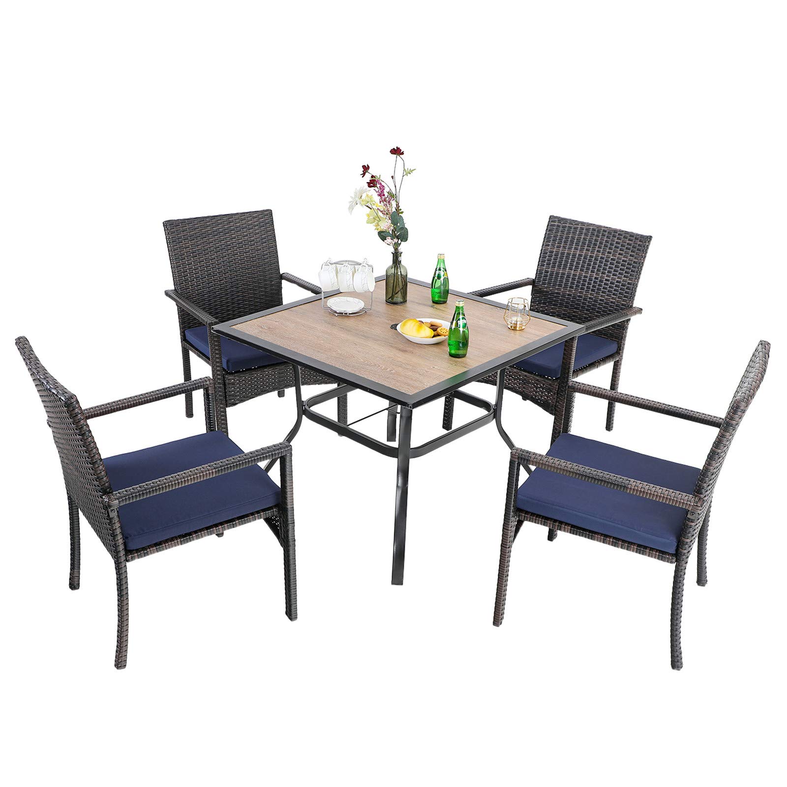 MFSTUDIO 37 Inch Square Patio Dining Table Set with 4 PE Rattan Chairs - Outdoor Bistro Table with 1.57