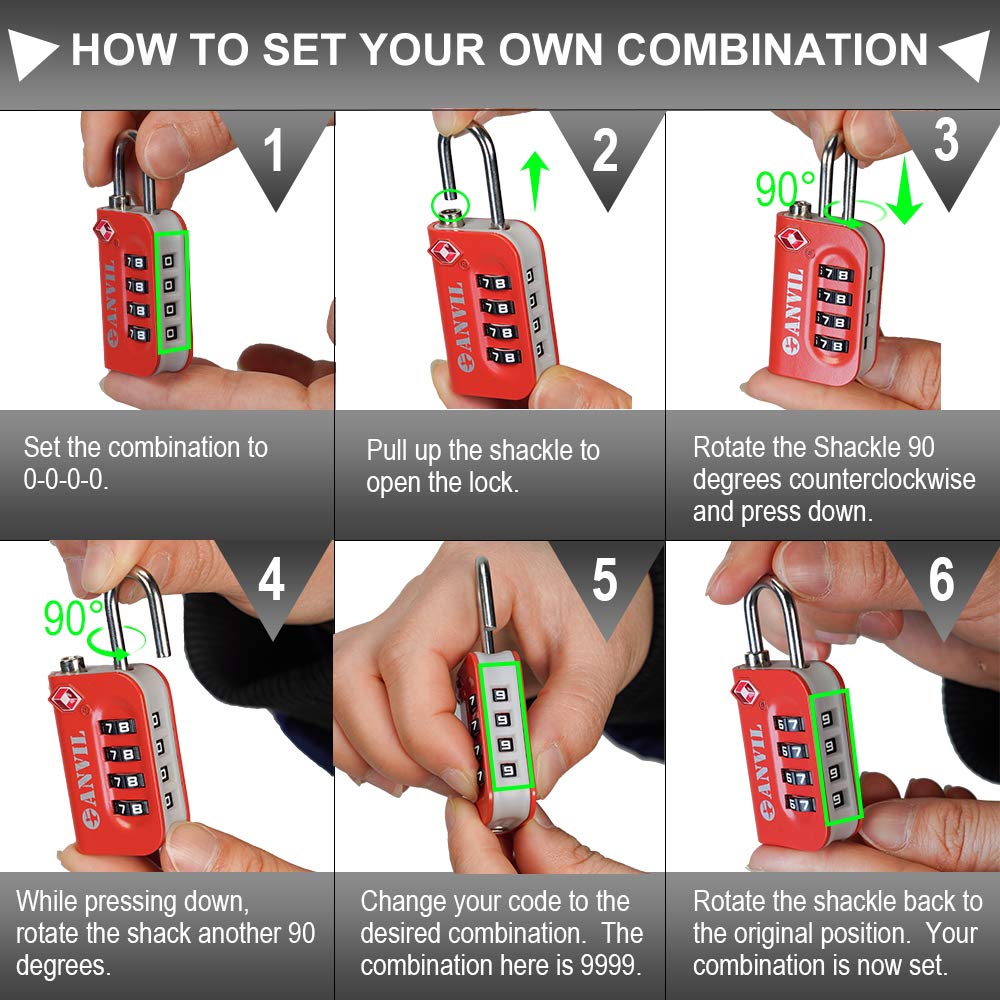 ANVIL TSA Approved Luggage Lock - 4 Digit Combination Lock with 10,000 Security Codes, Easy-Read Dial for Suitcases, Backpacks, Gym & Student Lockers - Perfect for Travel, School & Airport Security