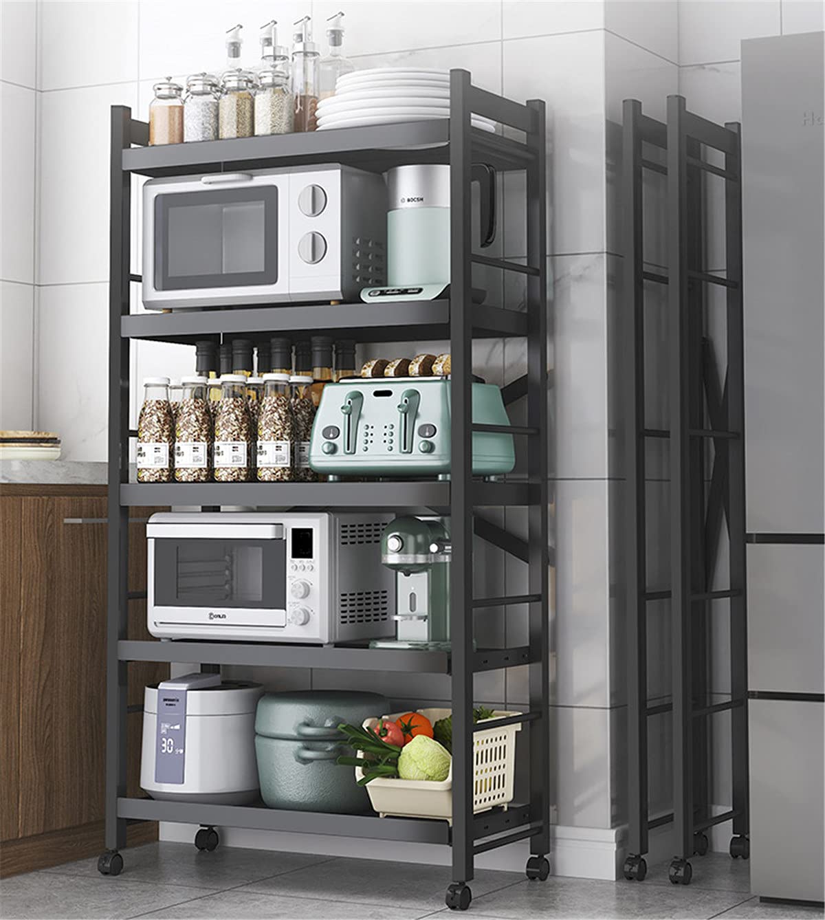 5-Tier Metal Storage Shelving Unit with Wheels - Foldable Rolling Cart for Kitchen, Garage, Home & Office - Heavy Duty Wire Rack Organizer (35.5×38×145cm) - Perfect for Pantry Storage, Workshop Organization & Retail Display