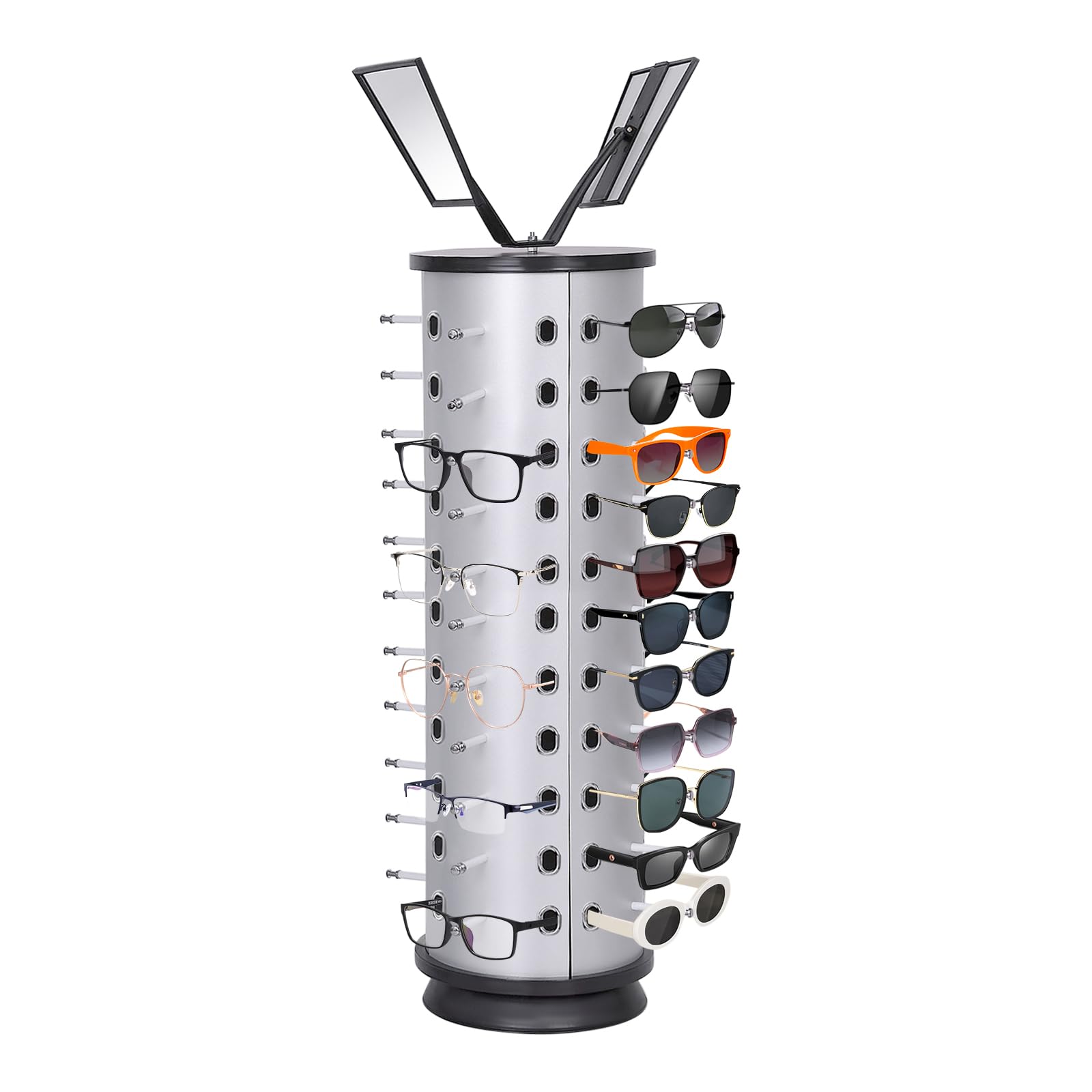 44 Pairs 360° Rotating Eyeglasses Display Stand with Mirror - Sunglasses Holder for Countertop, Retail Store, Optical Shop - Perfect for Eyewear Showcase and Organized Display (Round)
