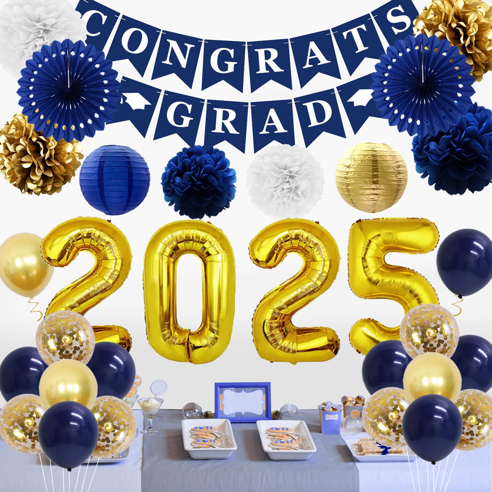 JOYMEMO Navy Blue & Gold Graduation Decorations 2025 - Congrats Grad Banner, Tissue Pom Poms, Paper Lanterns & Number 2025 Foil Balloons for Class of 2025 Party | Perfect for Graduation Ceremony Decor, College Grad Party & High School Celebration