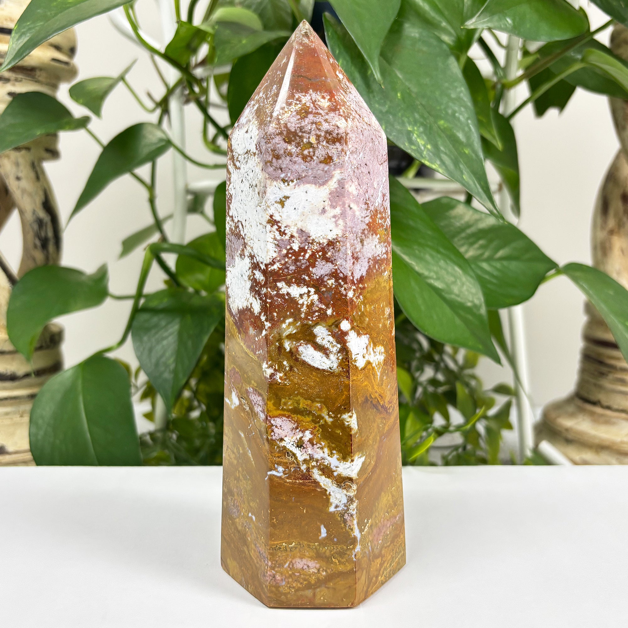 Natural Sea Jasper Crystal Obelisk Tower Point - Polished Healing Gemstone for Stress Relief & Emotional Balance - Unique Ocean Jasper Collectible for Meditation, Reiki & Home Decor - Perfect for Yoga Spaces, Office Desks & Spiritual Altars