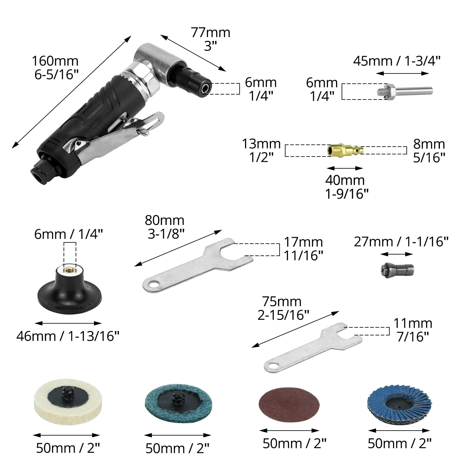 QWORK 90 Degree Mini Air Angle Die Grinder - Professional Compressed Air Tool Kit with 4 Sanding Discs for Metal Polishing, Wood Sanding & Automotive Repair | Perfect for DIY Projects & Workshop Use