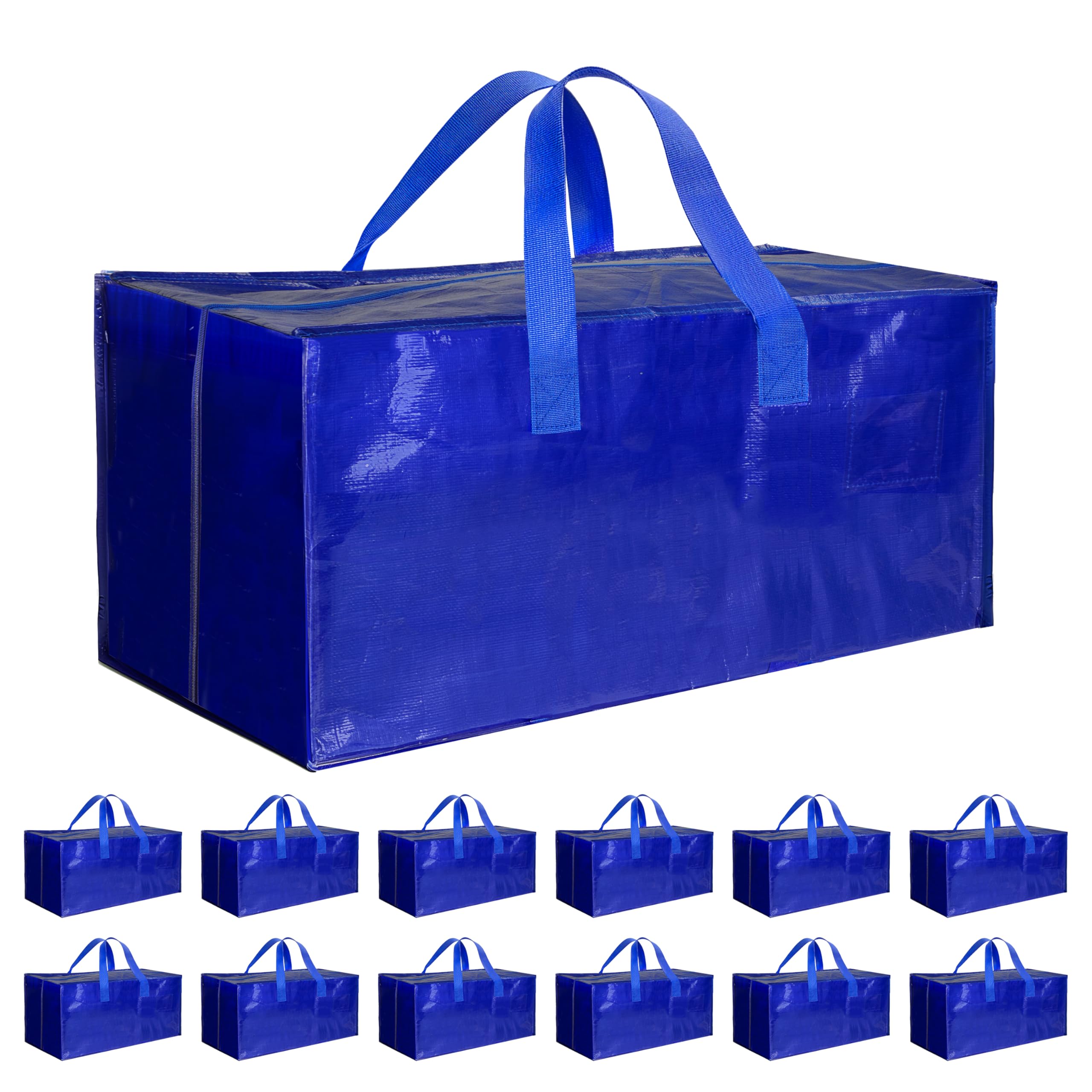 12 Pack Heavy Duty Moving Bags with Backpack Straps - Extra Large Storage Tote with Strong Handles & Zippers - Space Saving Moving Boxes for Home, Office & Dorm Organization (Blue)