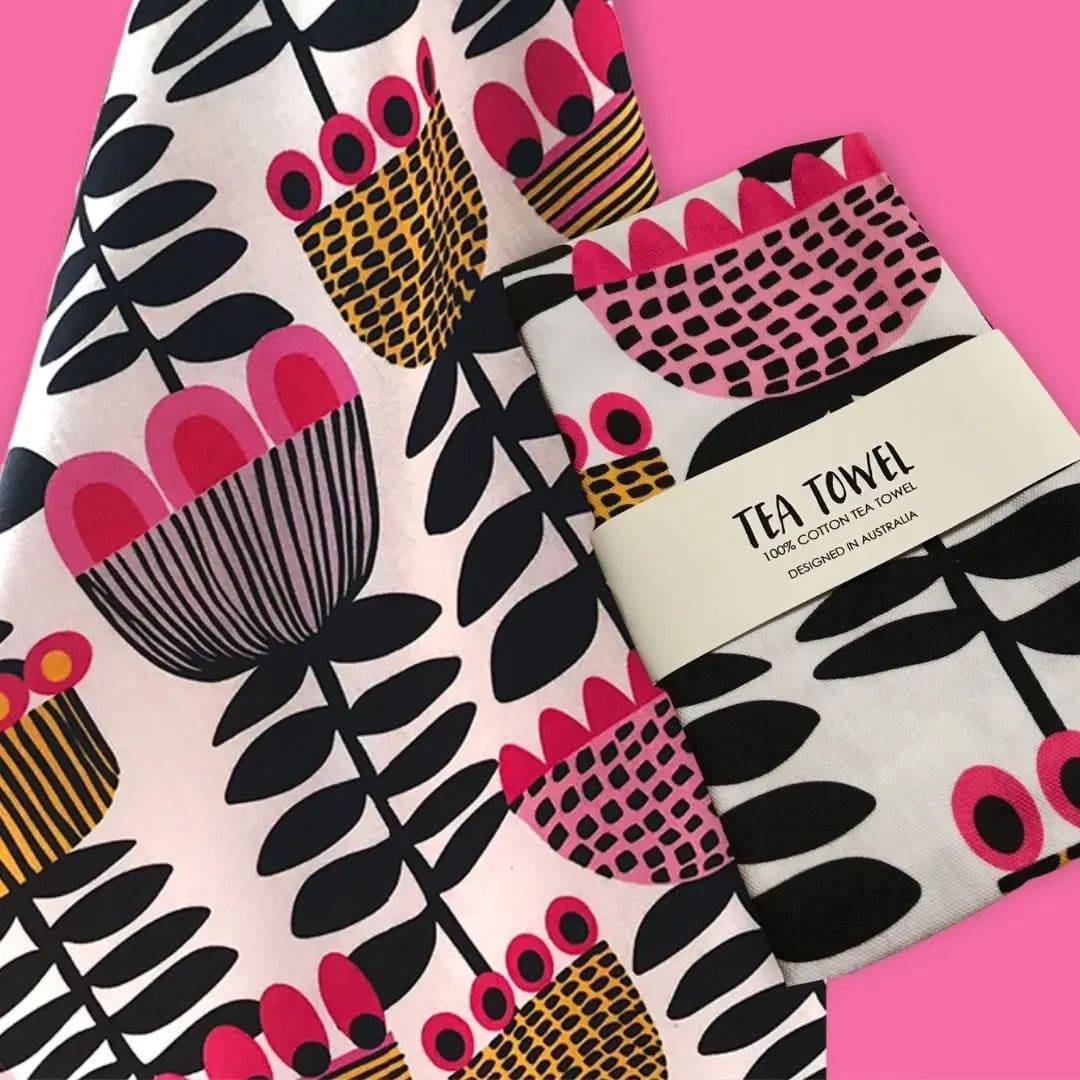 Folk Tulips Tea Towel & Australian Wooden Coaster Gift Set - Handmade Cotton Kitchen Towel with Rustic Wood Drink Coasters - Perfect for Housewarming, Bridal Shower & Hostess Gifts