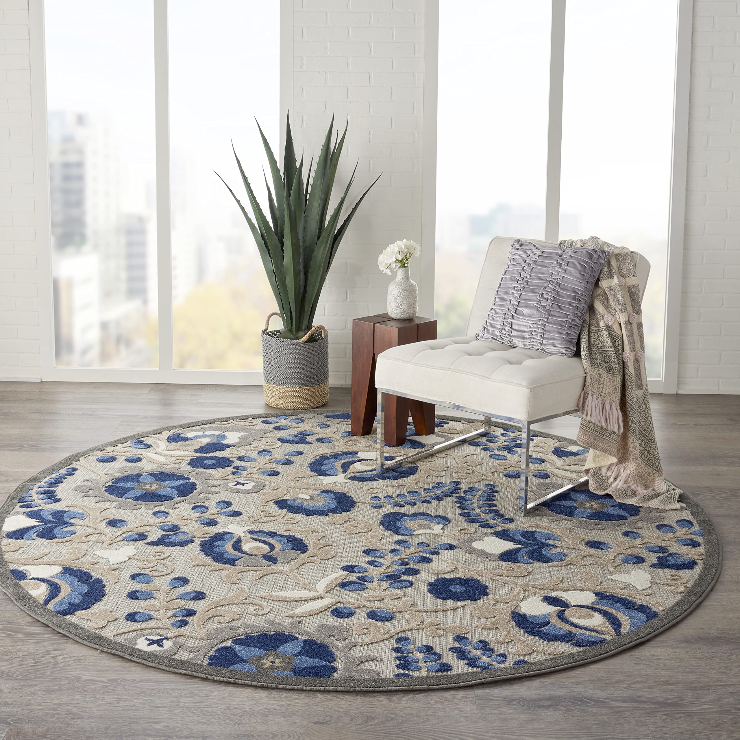 Nourison Aloha 8' Round Indoor/Outdoor Area Rug - Natural & Blue, Non-Shedding, Easy to Clean - Perfect for Living Room, Bedroom, Dining Room, Deck, Patio & Backyard