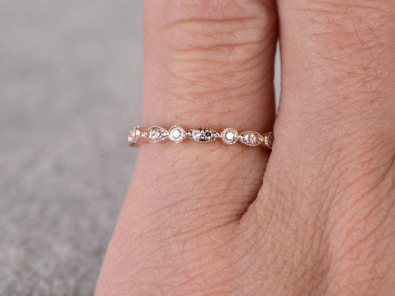 0.50 Carat 10k Rose Gold Moissanite Wedding Band - Milgrain Art Deco Anniversary Ring for Women - Perfect for Bridal, Engagement & Special Occasions