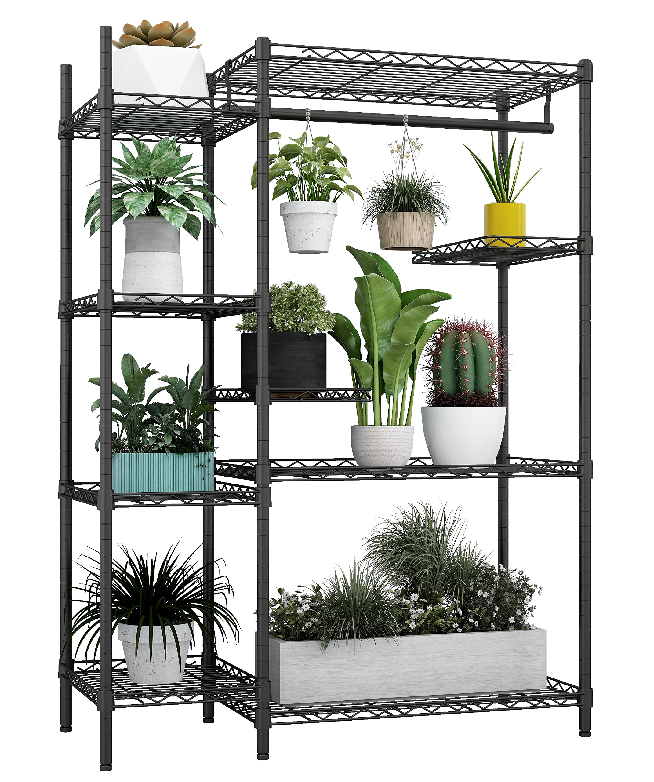 4-Tier Black Plant Stand for Indoor & Outdoor Use - Holds 14+ Pots with Hanging Rod - Perfect for Living Room, Balcony, Garden Decor & Plant Storage