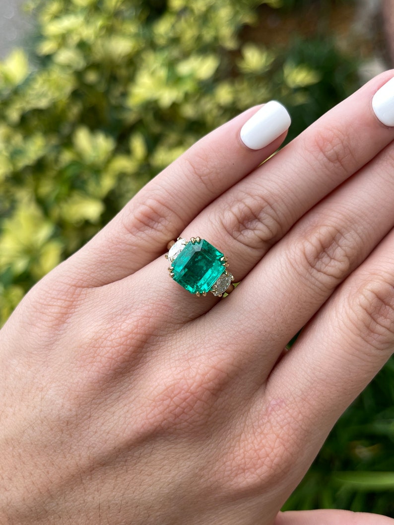 6.59tcw Certified 18K Gold Vivid Bluish Green Emerald & Marquise 3-Stone Diamond Ring for Engagement, Wedding, Anniversary - Fine Jewelry Gift for Her