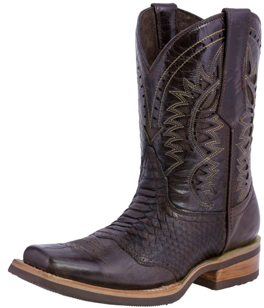 Texas Legacy Men's Brown Western Leather Cowboy Boots with Snake Print & Square Toe - Perfect for Rodeo, Country Music Festivals & Western Fashion
