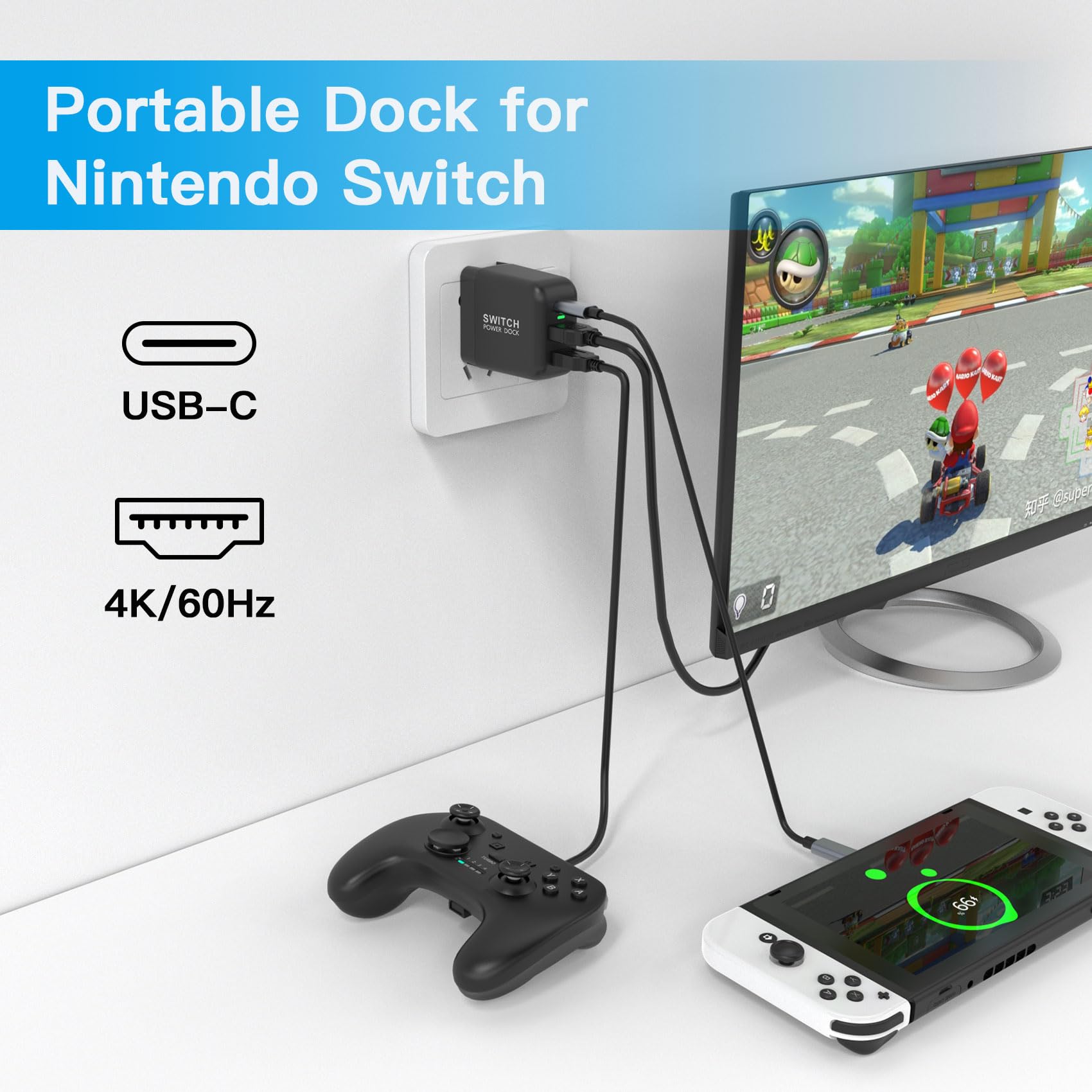 Mirabox 36W Portable TV Docking Station for Nintendo Switch - 4K@60Hz HDMI, USB 2.0 & PD USB-C Fast Charging Ports - Includes Full-Featured USB-C Cable - Perfect for Gaming on TV or Travel Charging