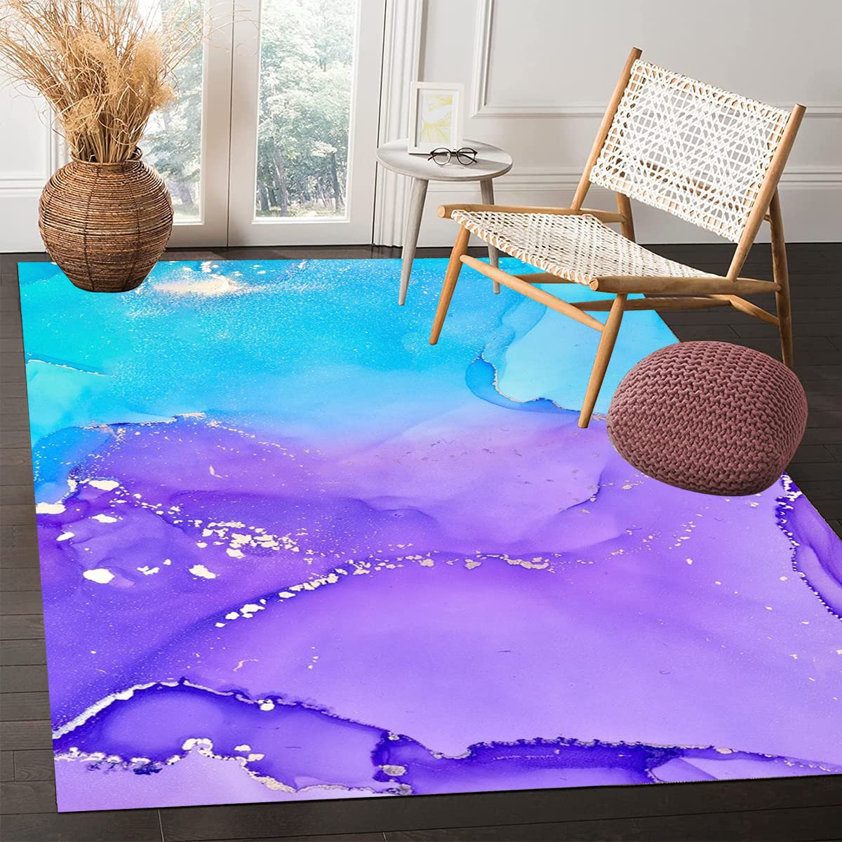 Teal Purple Modern Abstract Area Rug 6x8 Feet - Washable Soft Boho Chic Carpet for Bedroom, Living Room & Dining Room - Non-Slip Indoor Outdoor Rug for Home Office, Playroom & Floor Decor - Aqua Blue Aesthetic Design