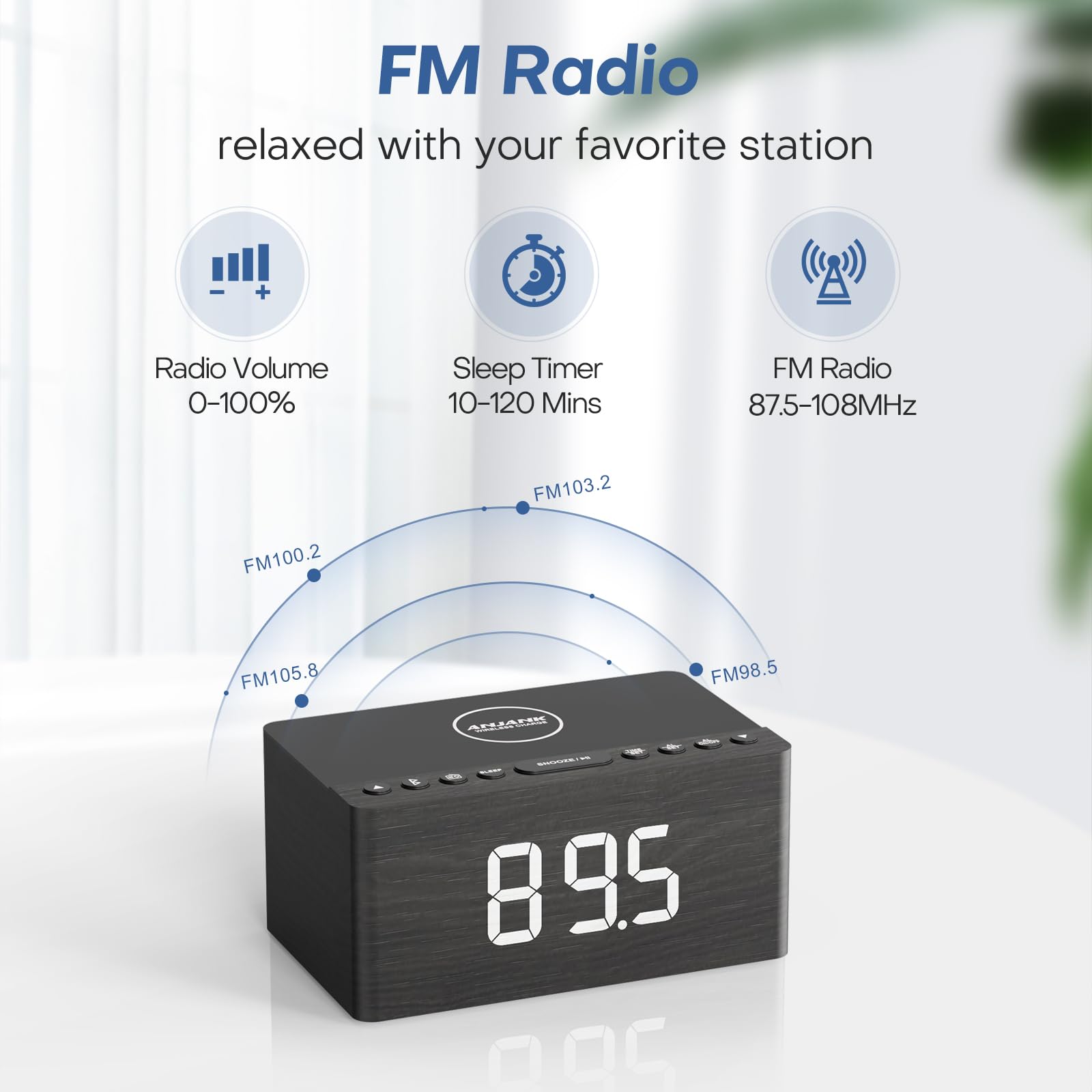 ANJANK Wooden Bluetooth Speaker Alarm Clock with FM Radio, Wireless Charging for iPhone & Samsung, USB Port, Dimmable Display, Sleep Timer - Digital Wooden Bedside Clock for Bedroom, Office, Nightstand (Gift Idea for Music Lovers)