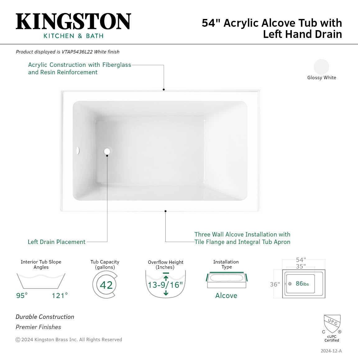 Aqua Eden VTAP5436L22 54-Inch Acrylic Rectangular 3-Wall Alcove Bathtub - Left Hand Drain, Glossy White - Perfect for Modern Bathroom Renovations & Spa-Like Relaxation