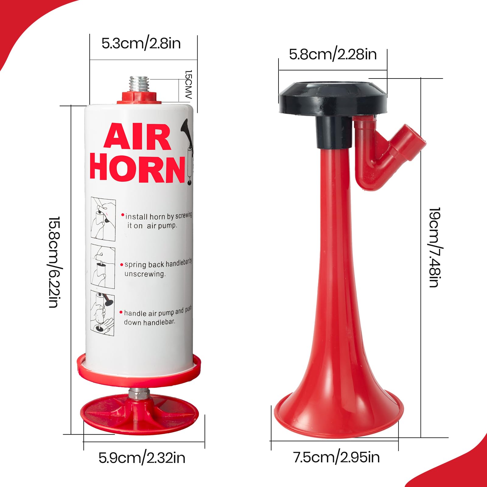 Handheld Air Horn - Loud Noise Maker for Sports Events, Boating, Safety Alerts & Parties - Durable Aluminum Body with Air Pump (Red) - Perfect for Emergency Signaling, Stadium Cheering & Marine Safety