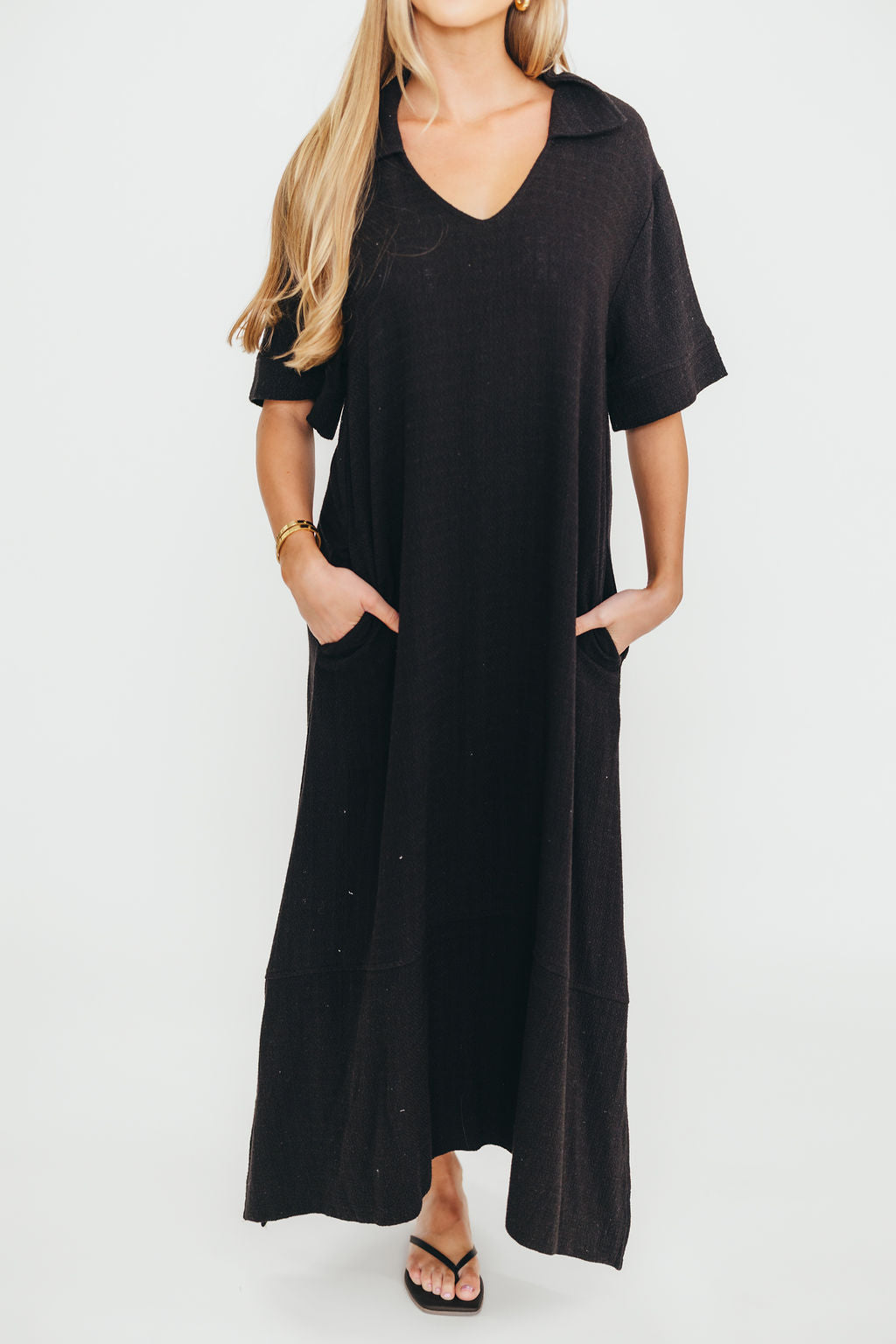 Fallon Black Linen Blend Collared Midi Dress - Bump Friendly Maternity Wear for Work, Parties & Special Occasions