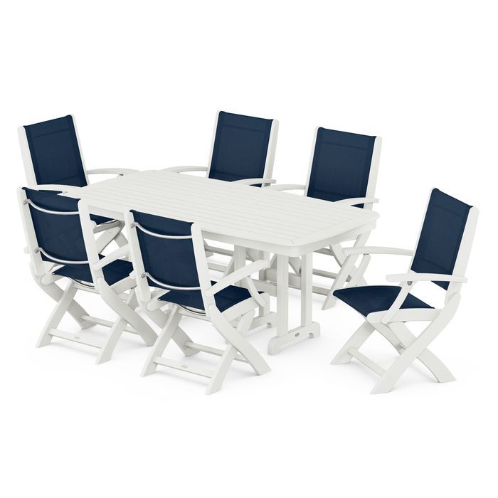 POLYWOOD Coastal Folding Arm Chair 7-Piece Outdoor Dining Set - Perfect for Patio, Deck, Poolside & Beachfront Entertaining