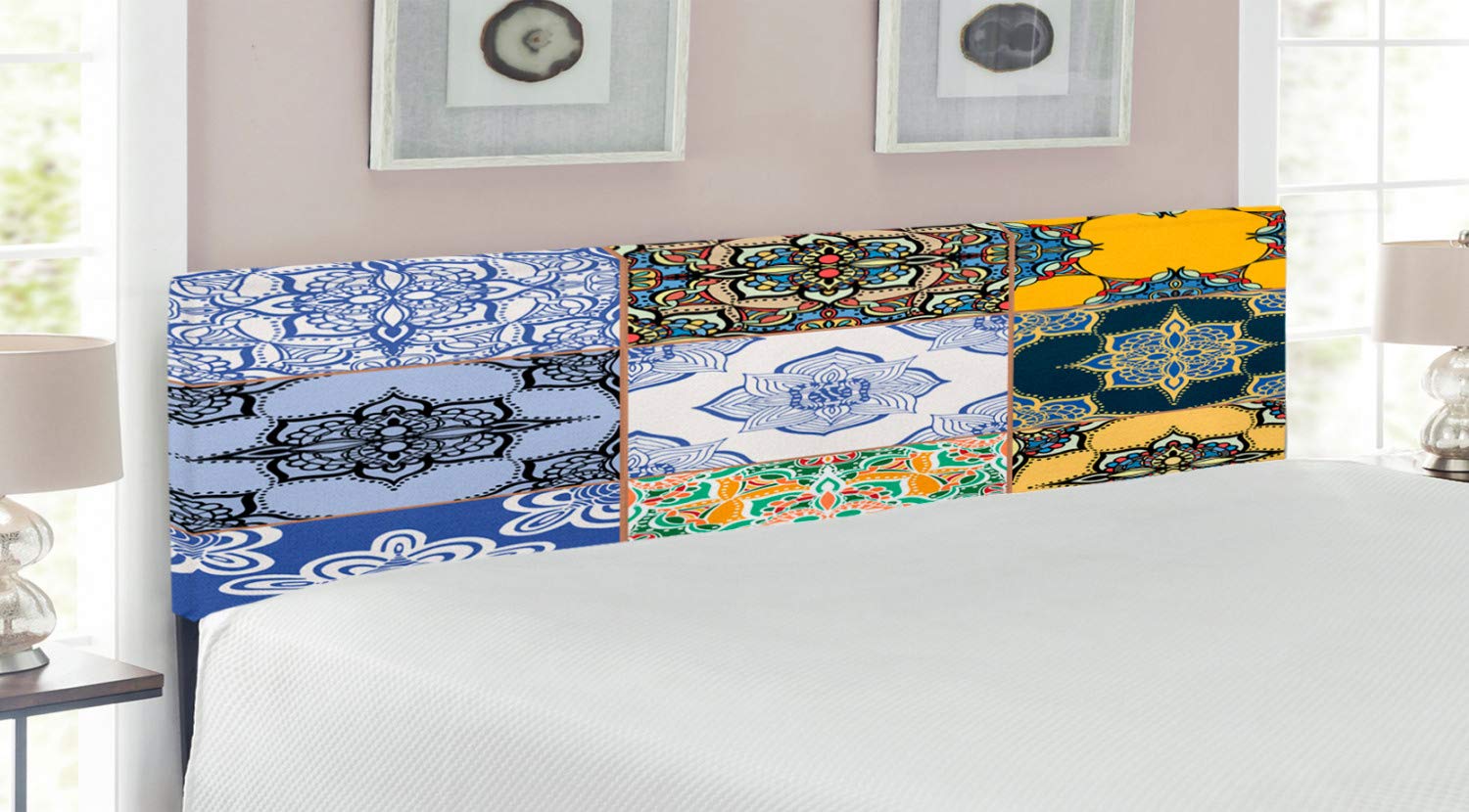 Ambesonne Moroccan Upholstered Headboard King Size - Bohemian Print with Portuguese Tile Patterns, Memory Foam Padding, Decorative Metal Frame | Perfect for Bedroom Decor, Guest Rooms & Bohemian Style Homes