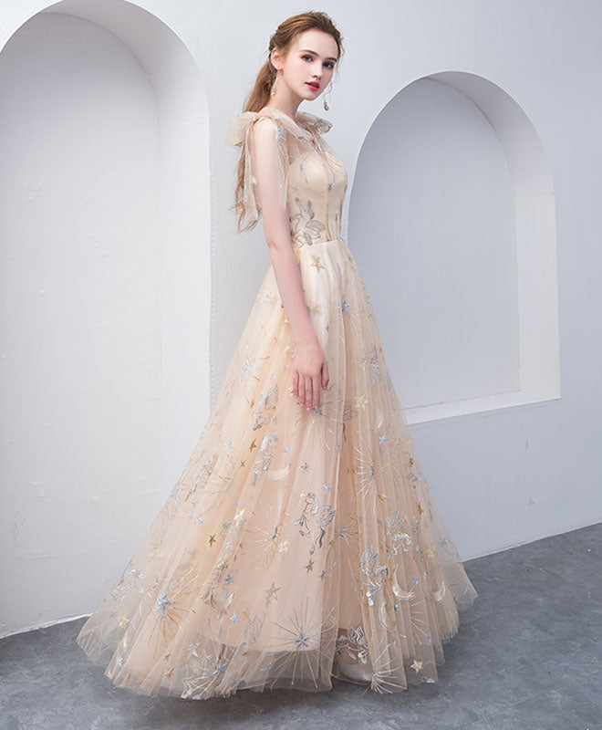 Elegant Champagne Tulle Long Prom Dress for Women - Formal Evening Gown for Homecoming, Ball & Special Occasions