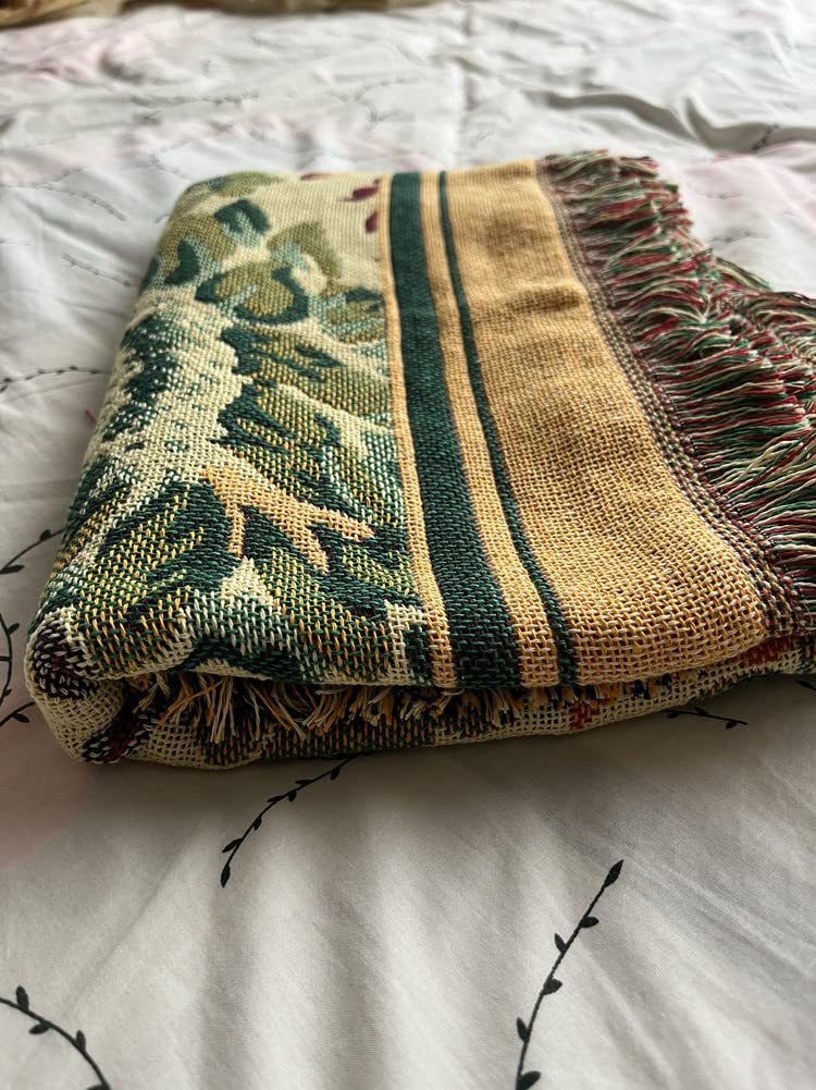 American Retro Tassel Throw Blanket - 100% Cotton Double-Sided Floral Woven Blanket for Couch, Sofa, Chair & Bed - 90