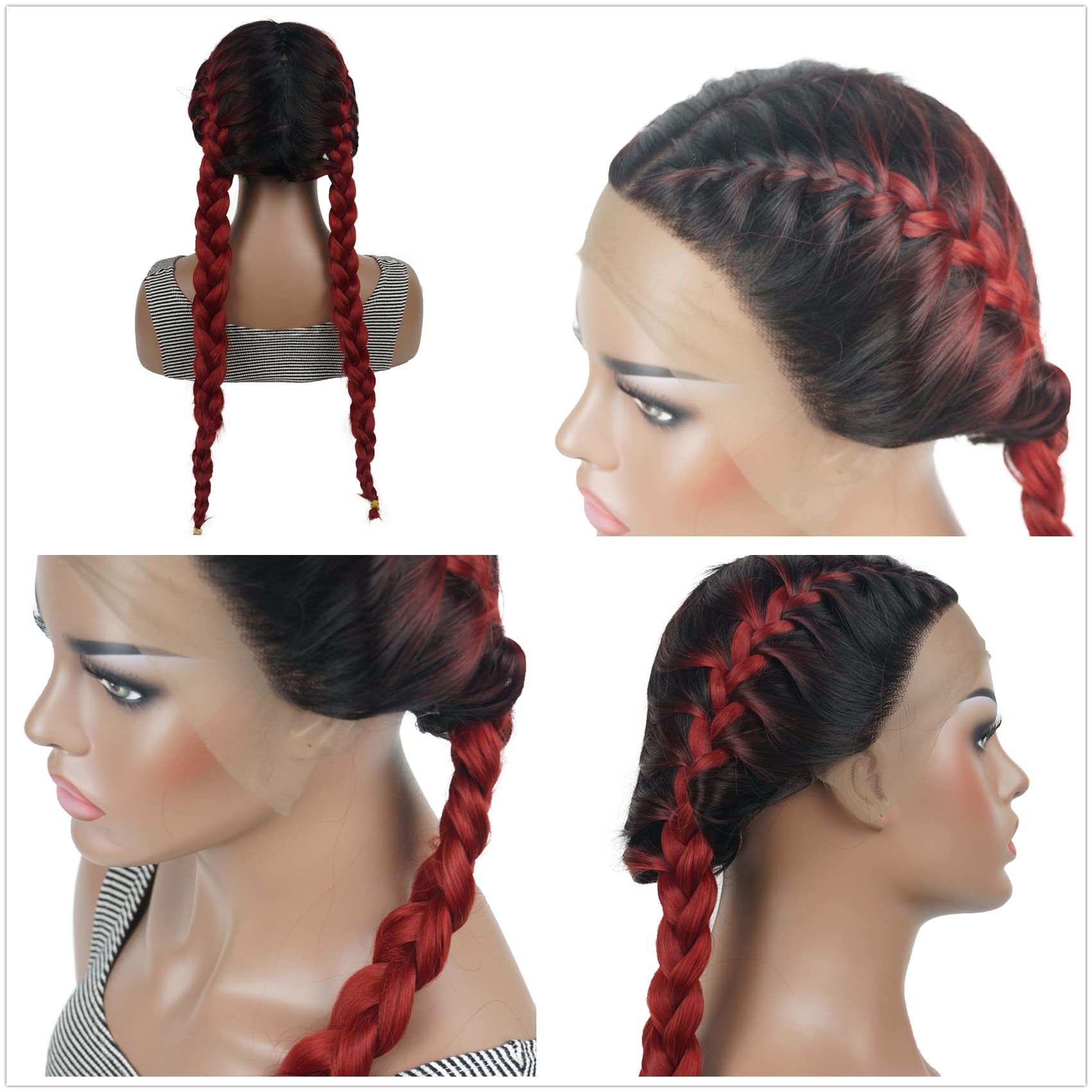 Aimole Long Ombre Red Synthetic Lace Front Wig for Women - Two Braid Hairstyles | Perfect for Cosplay, Parties & Daily Wear