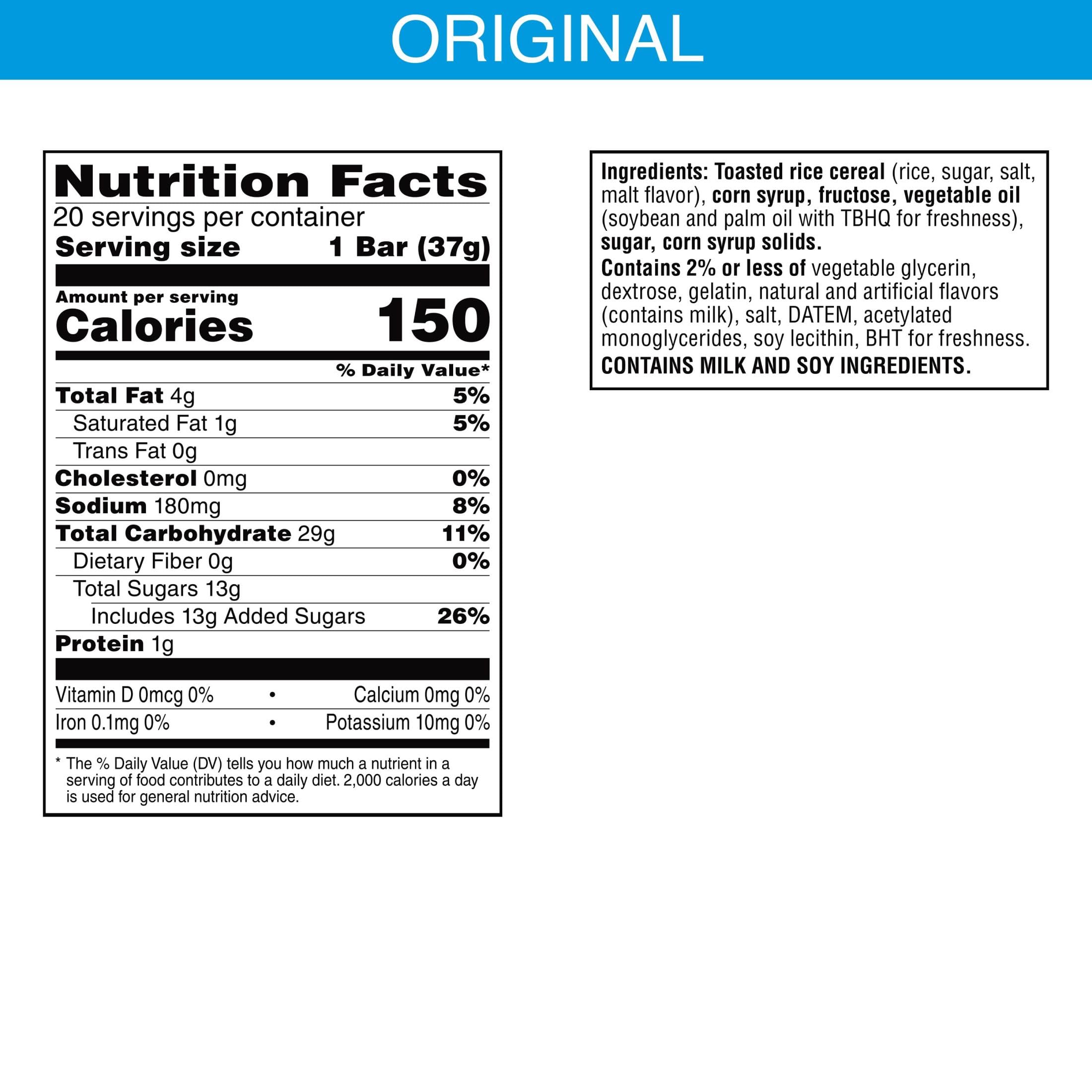Original Rice Krispies Treats Marshmallow Snack Bars - 26oz Box (20 Count) - Crunchy Sweet Lunch Snacks for Kids & Adults - Perfect for School Lunches, Office Breaks & After-School Treats
