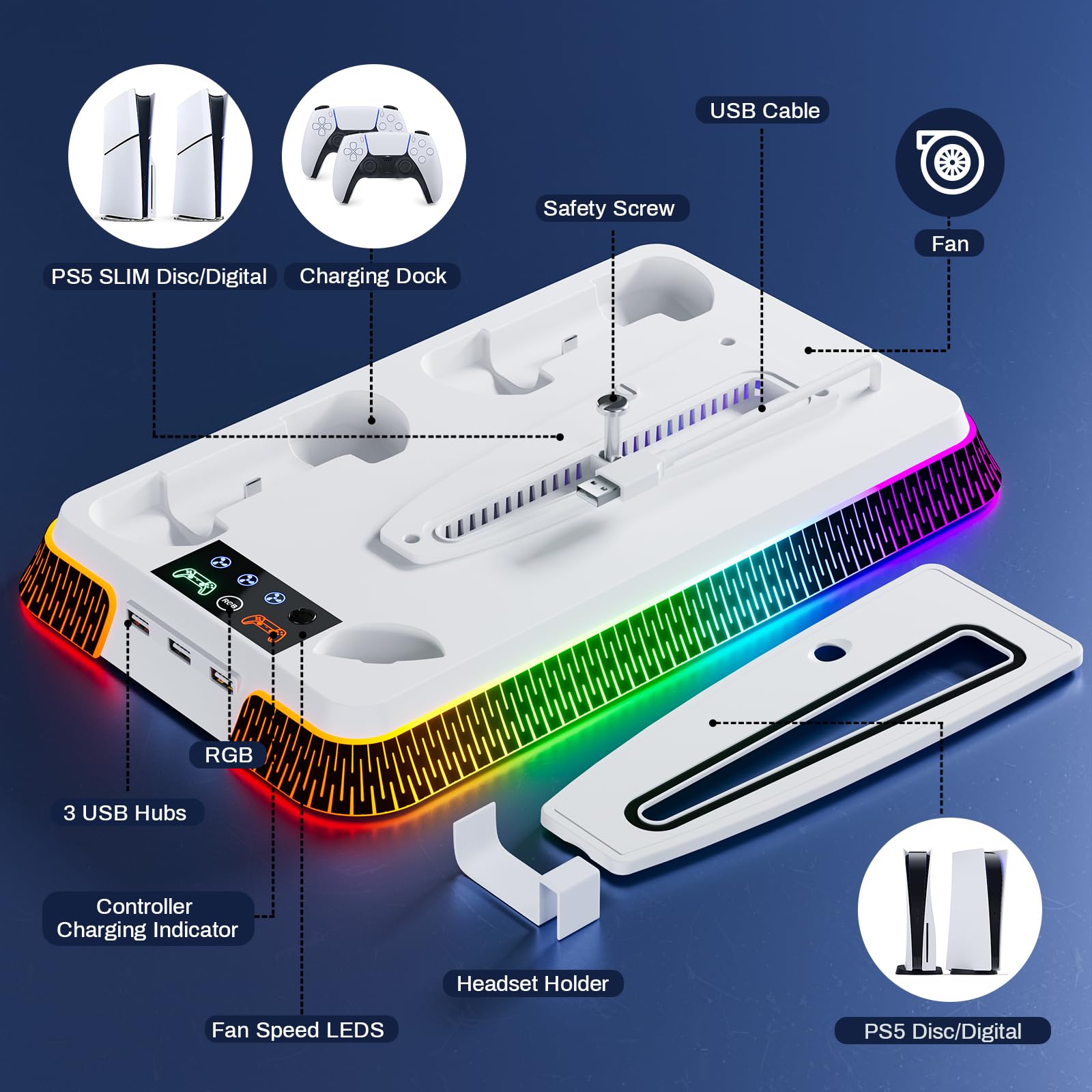 PS5 Cooling Stand with RGB Lights & Turbo Fan - Dual Charging Station & Headset Holder for PlayStation 5 Digital/Disc Edition - Vertical Gaming Stand with 3-Speed Cooling System - Perfect for Long Gaming Sessions & Console Protection