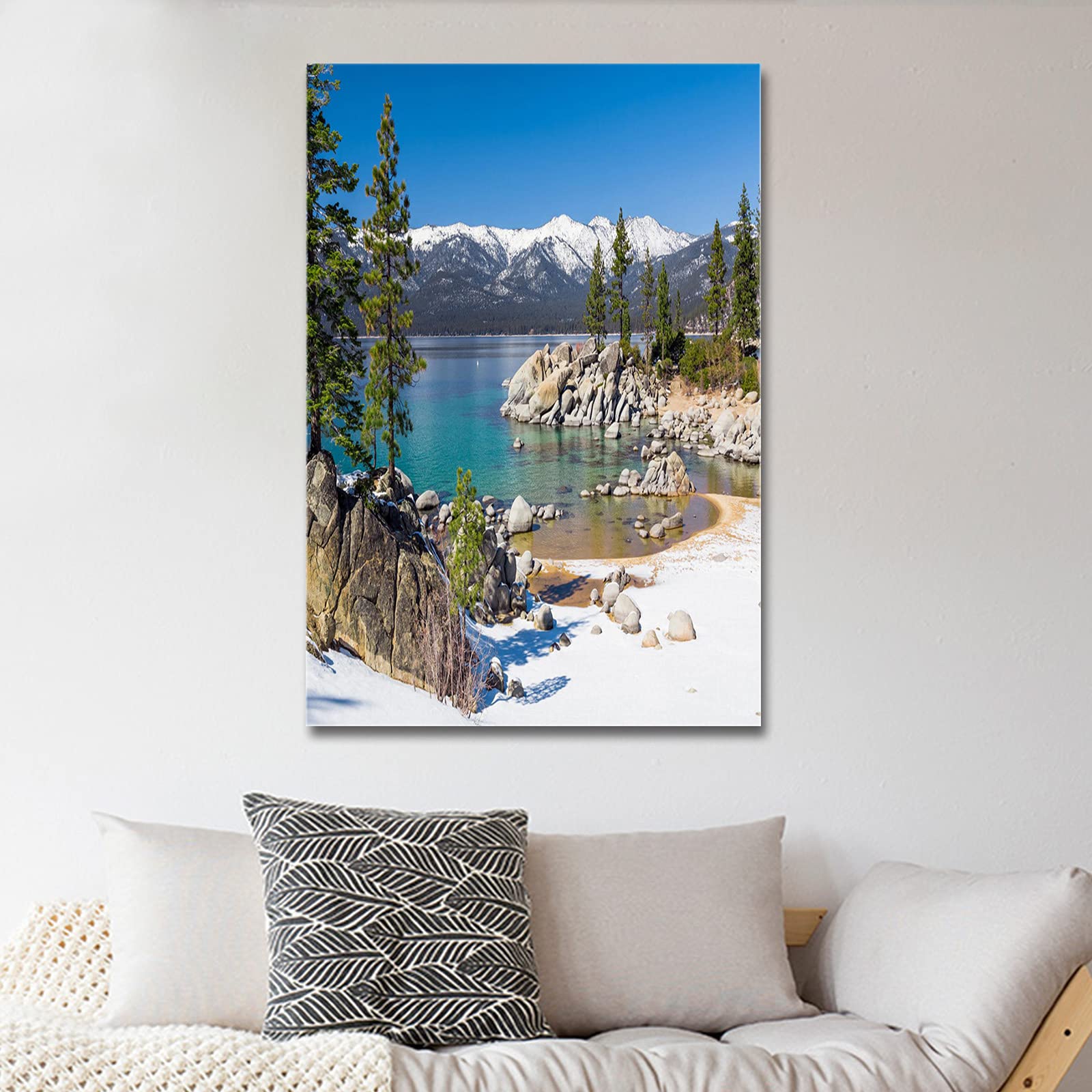 Lake Tahoe Forest Snow Scenery Canvas Wall Art - Blue Sky Clouds Abstract Framed Painting Print for Home Decor (20