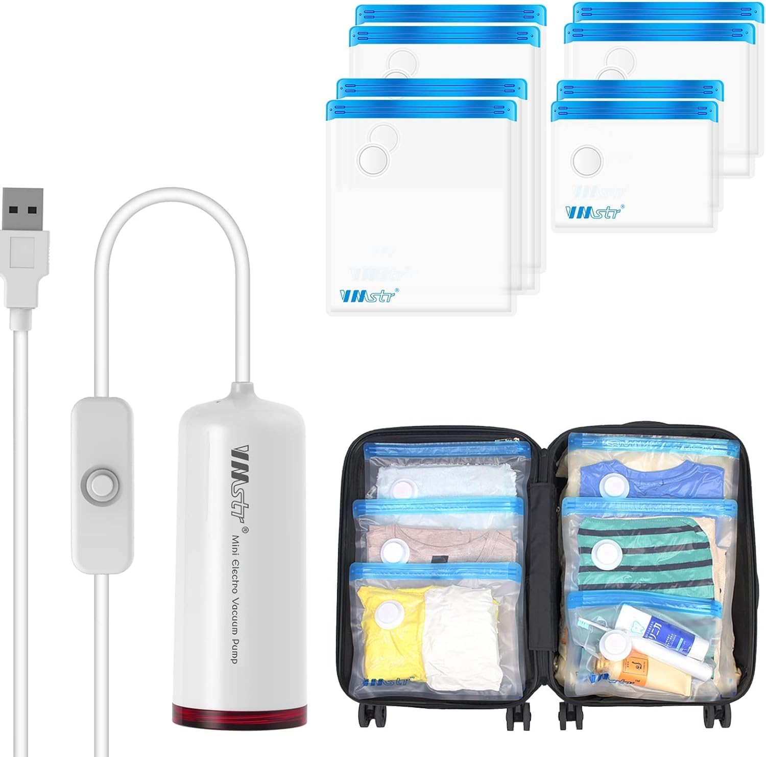 VMstr Travel Vacuum Storage Bags with Electric Pump - 8 Pack Space Saver Bags for Clothes & Bedding | USB Powered Portable Compression Bags for Travel, Moving & Seasonal Storage