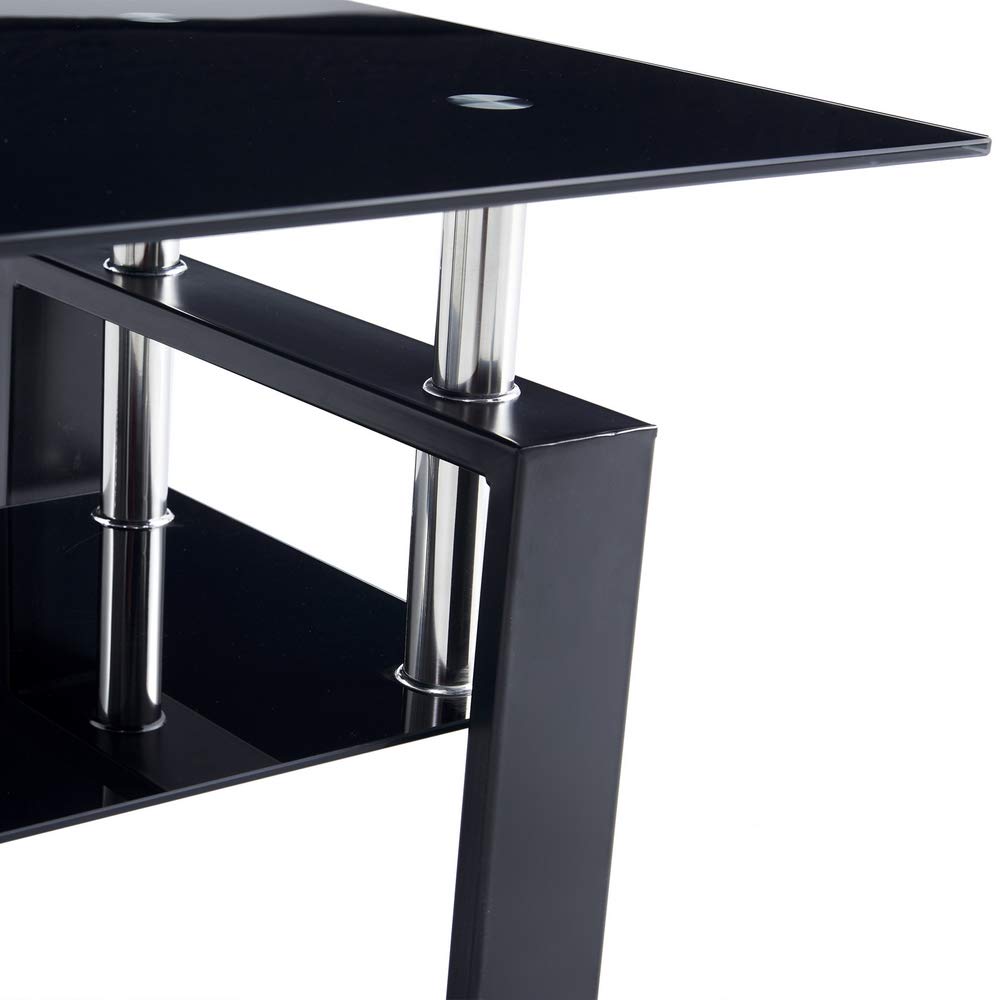 Modern Glass Coffee Table with Lower Shelf - Rectangle Tempered Glass Top & Stainless Steel Legs - Black Living Room Furniture for Home & Office Waiting Areas - Perfect for Lounge, Reception & Contemporary Spaces